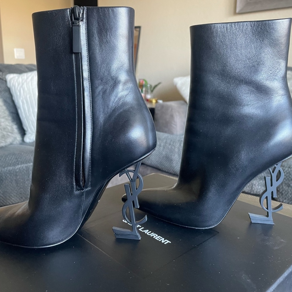 Saint Laurent Opyum Booties in Leather with Black Monogram Heel